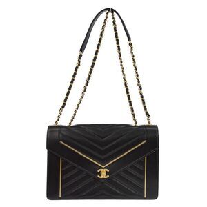 Chanel Reversed Flap Chevron Lambskin Black Leather Handbag